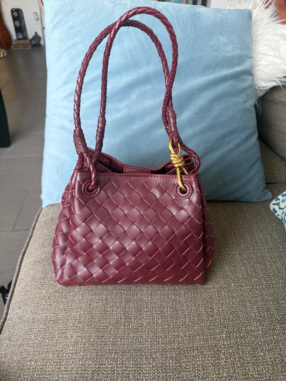 Woven Shoulder Bag in Deep Wine Red with Braided Handles